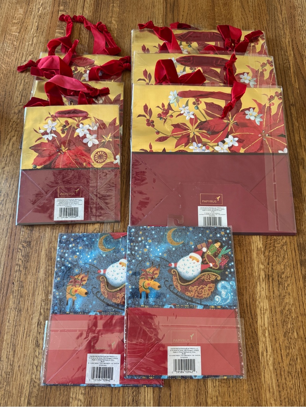 NWT Papyrus Christmas Gift Bag Lot (8) Poinsettia & Santa Sleigh